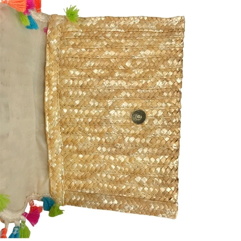 SHIRALEAH Woven Rainbow Tassel & Pompom Envelope Purse Bag YOLO Clutch Natural